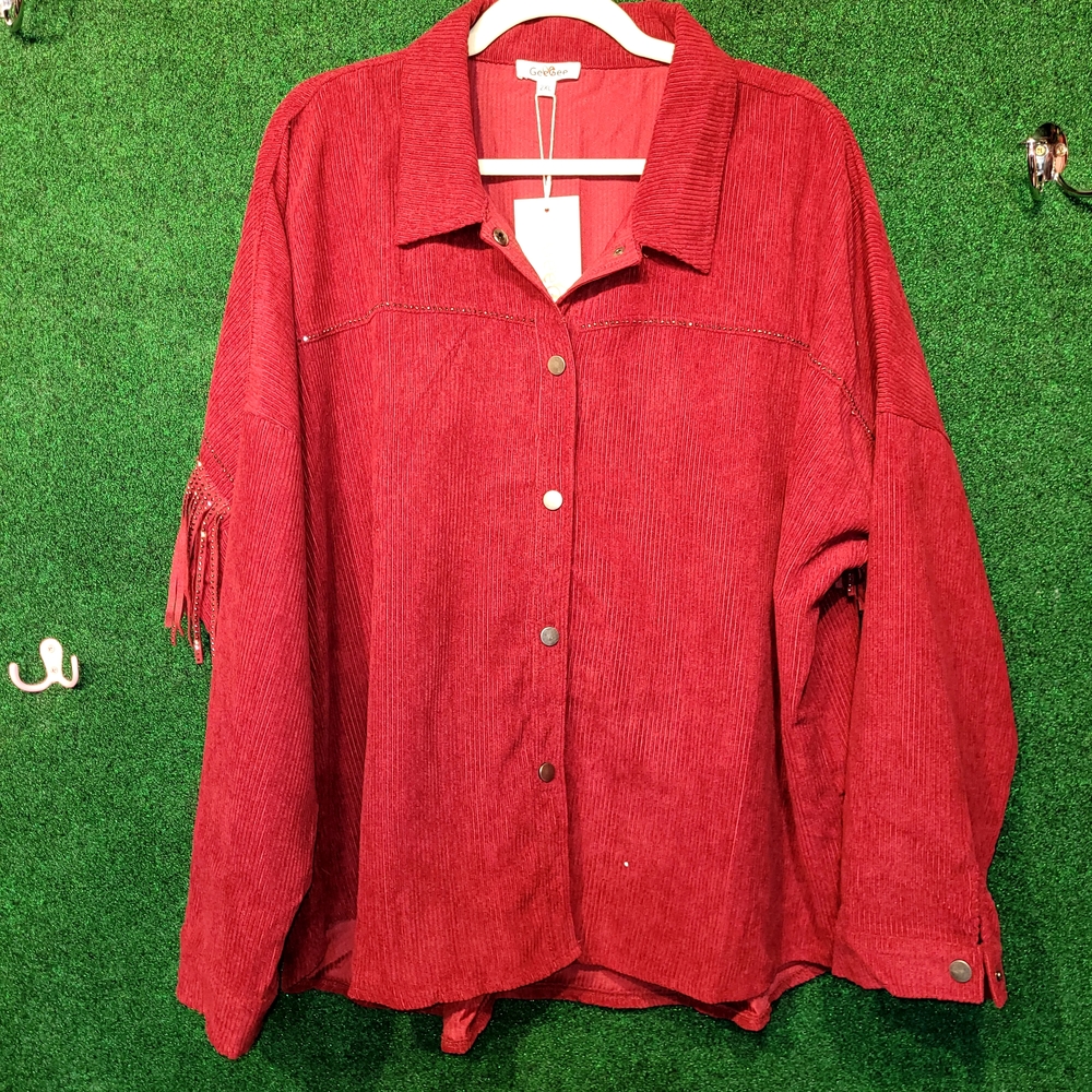 842 NWT GEEGEE Red Corduroy Button-Up Fringe Shirt